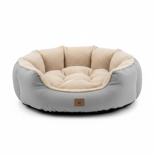 Round plush calming orthopedic pet bed with raised edges and sherpa interior